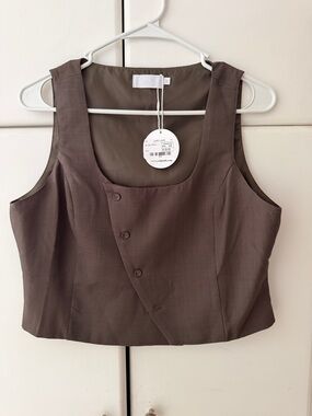 Asymmetrical Button Crop Top/Vest in Brown by Isalis